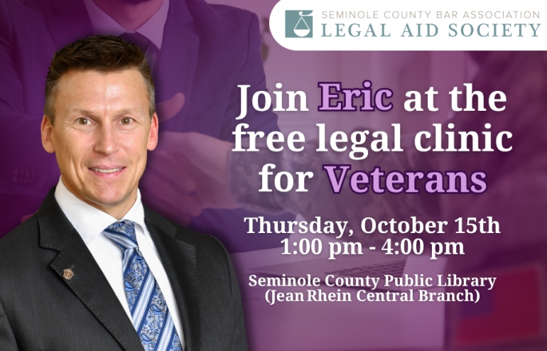 Eric offers free legal advice and guidance to veterans at the Seminole County Public Library (Jean Rhein Central Branch)
