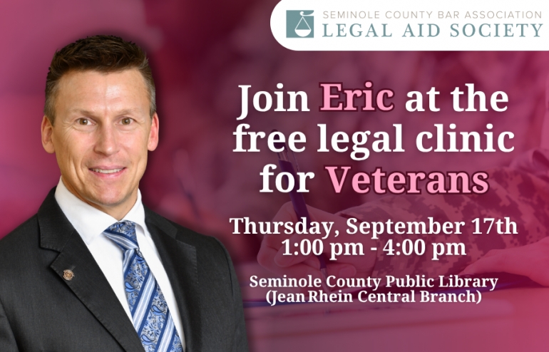 Eric offers free legal advice and guidance to veterans at the Seminole County Public Library (Jean Rhein Central Branch)